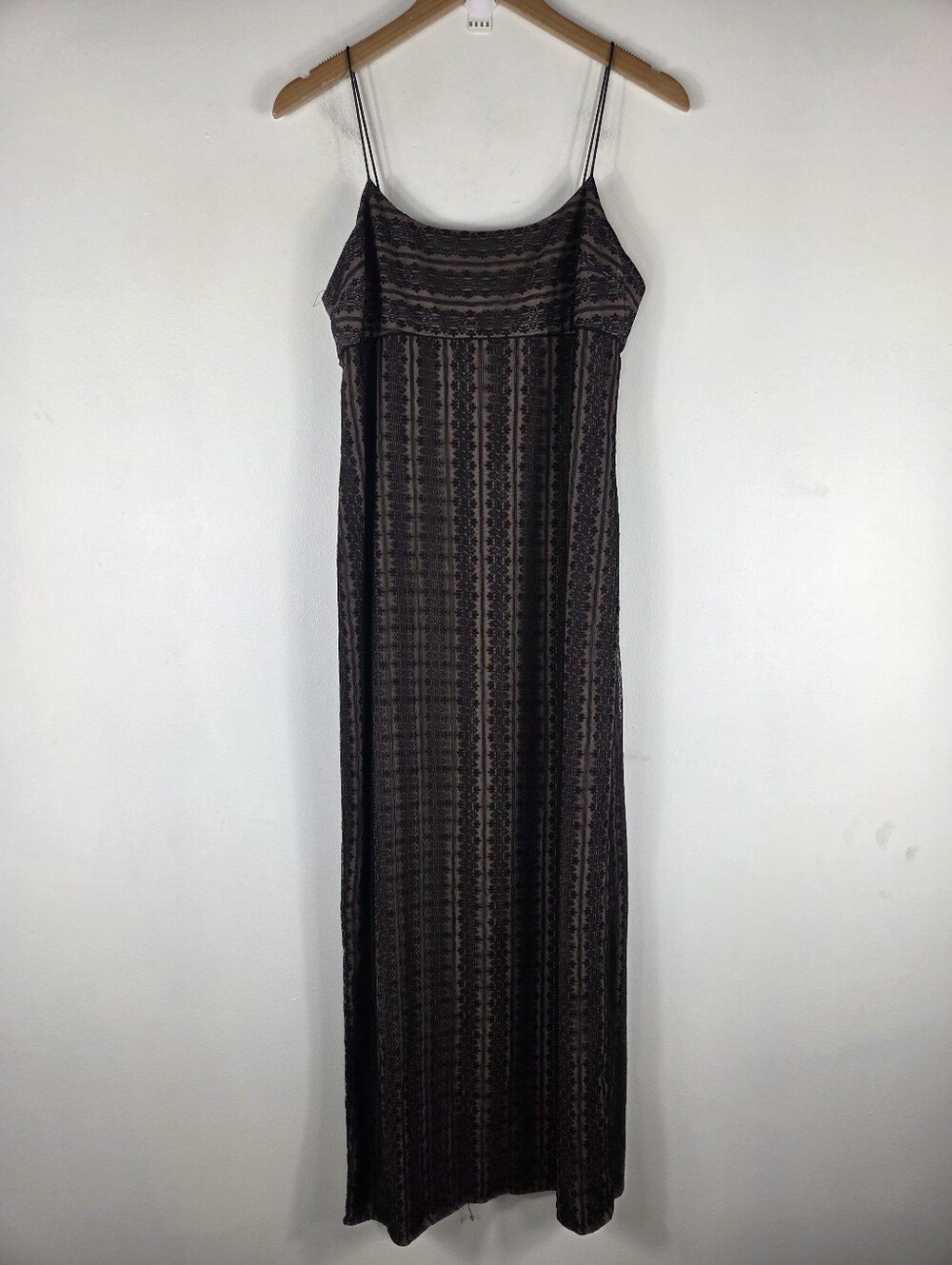 Vintage 90s Y2K Unger Mindel Striped Floral Lace Overlay Babydoll Maxi Dress